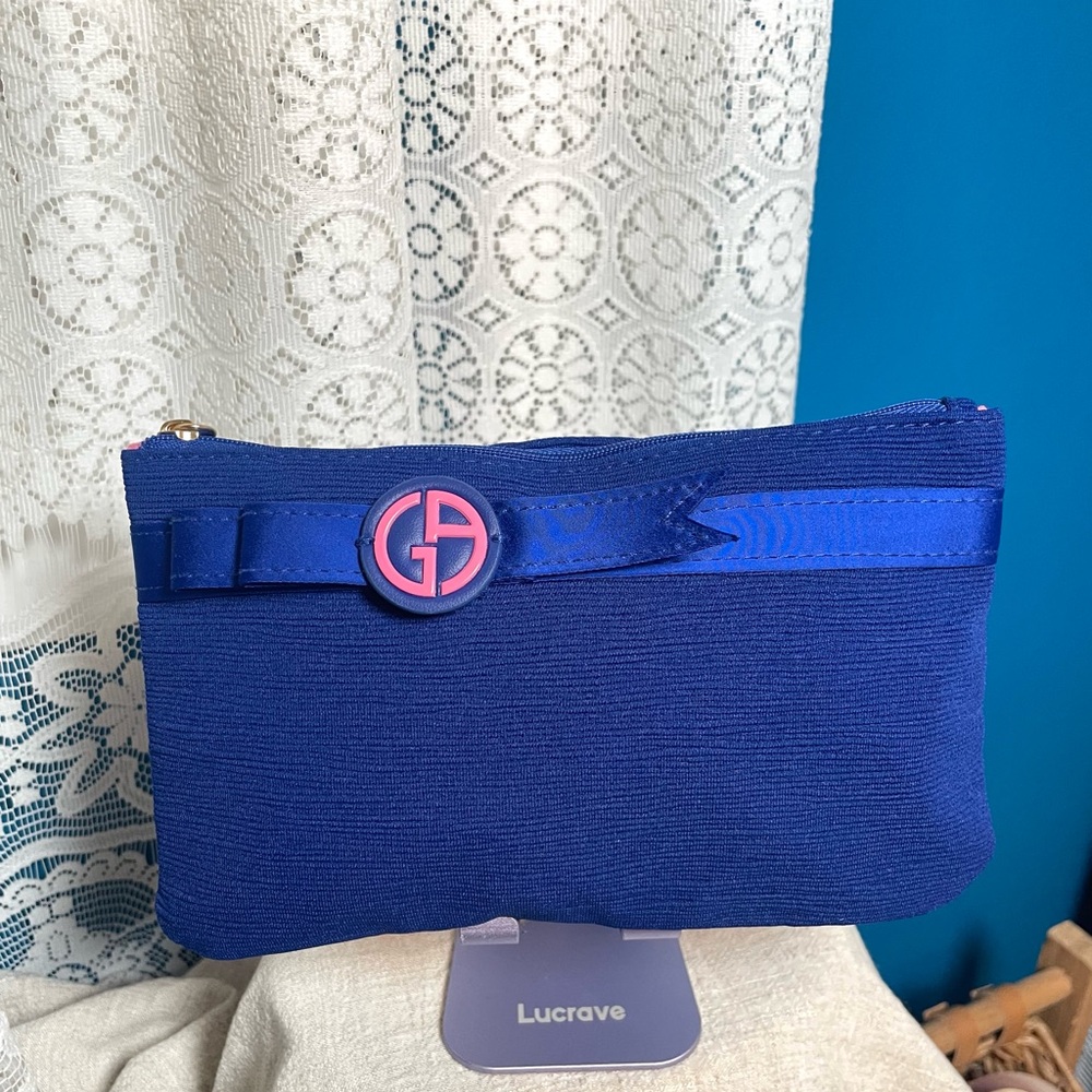 Makeup Pouch Giorgio Armani Blue with Pink Accent 4.5 in H x 8.5 in L